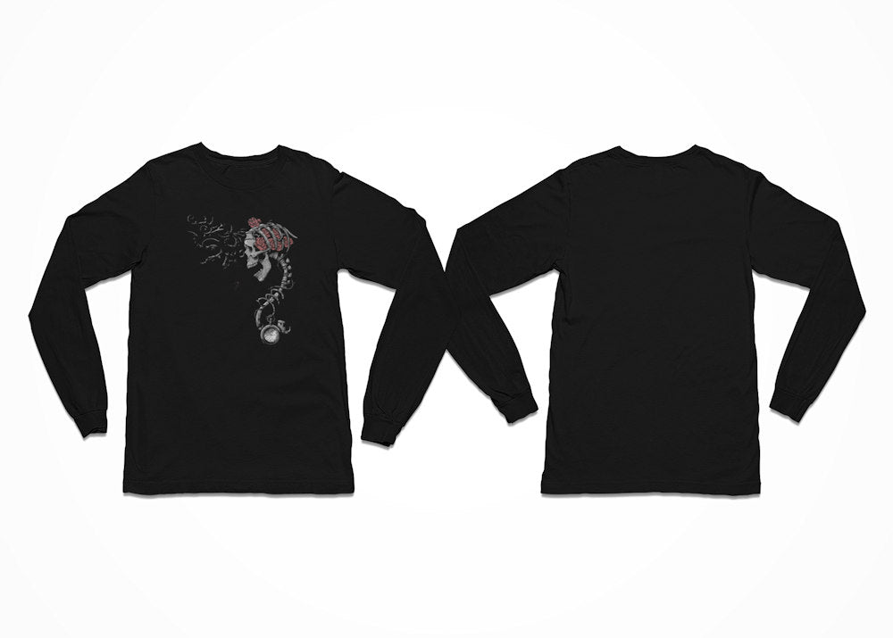 Set against a black t-shirt, the Time Keeper Skull artwork features a haunting skeletal figure emerging from the chest, its spine extending downward into a vintage pocket watch, symbolising the fragile link between life and time. Longsleeve T-Shirt - Front Print.