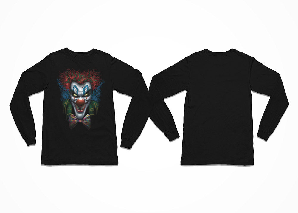 This t-shirt has a fierce clown with red hair and glowing yellow eyes staring out from it - Psycho Clown Longsleeve T-Shirt - Front Print