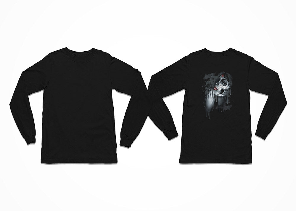 A girl with hands in the praying position is shown while wearing Day of the Dead Sugar Skull makeup on this Longsleeve Black T-Shirt - Back Print