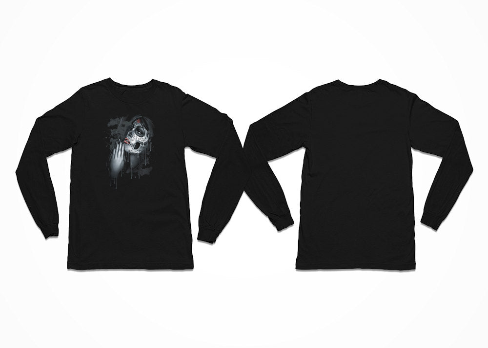 A girl with hands in the praying position is shown while wearing Day of the Dead Sugar Skull makeup on this Longsleeve Black T-Shirt - Front Print