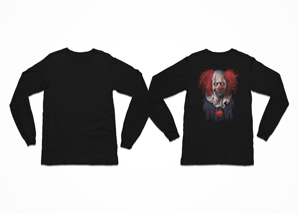 Dead eyes stare out from this tee, which is titled Zombie Clown T-Shirt, with a red-haired zombie clown almost grinning at you in the design. Longsleeve - Back Print.
