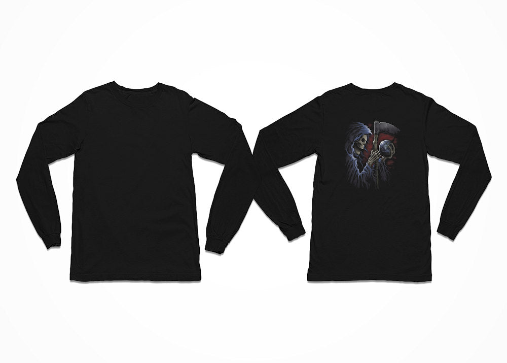 A scythe wielding Grim Reaper holds a crystal sphere on this Longsleeve Black Tee - Grim Reaper Sphere T-Shirt - Back Print