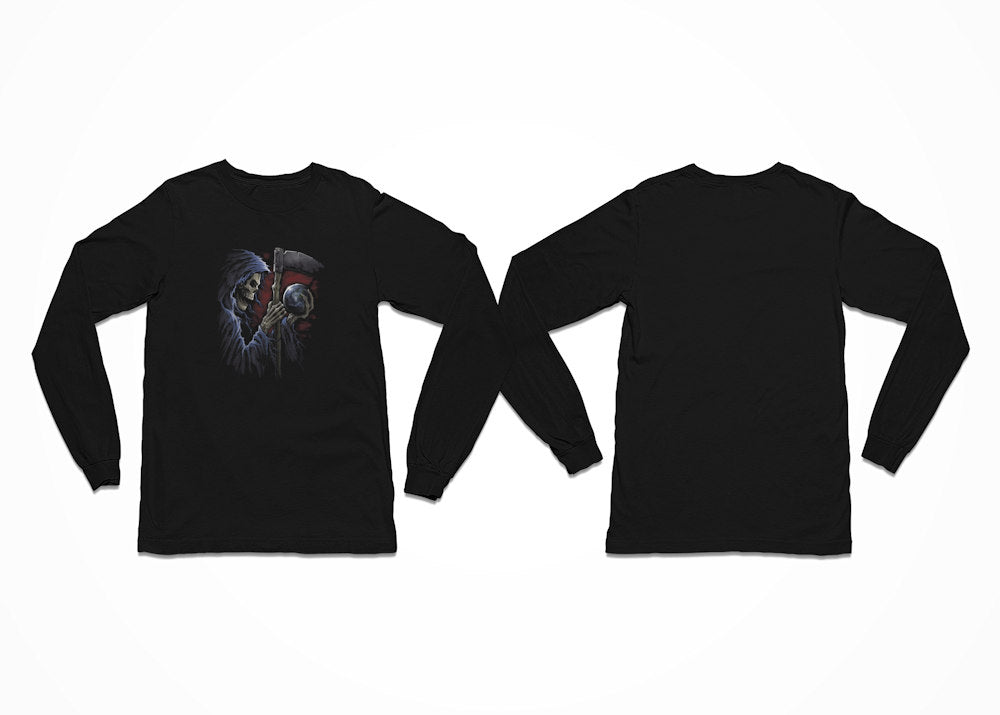 A scythe wielding Grim Reaper holds a crystal sphere on this Longsleeve Black Tee - Grim Reaper Sphere T-Shirt - Front Print