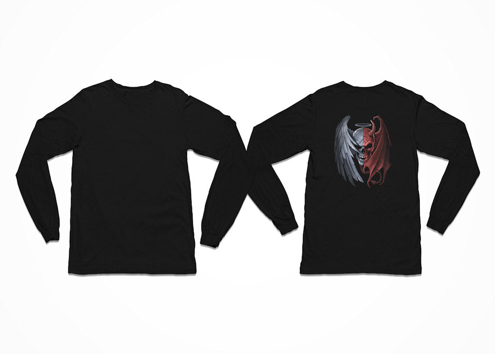 A Winged Skull with both a Devil horn and Angel's halo is on the front of this Longsleeve Black T-Shirt - Heaven & Hell Skulls T-Shirt - Back Print
