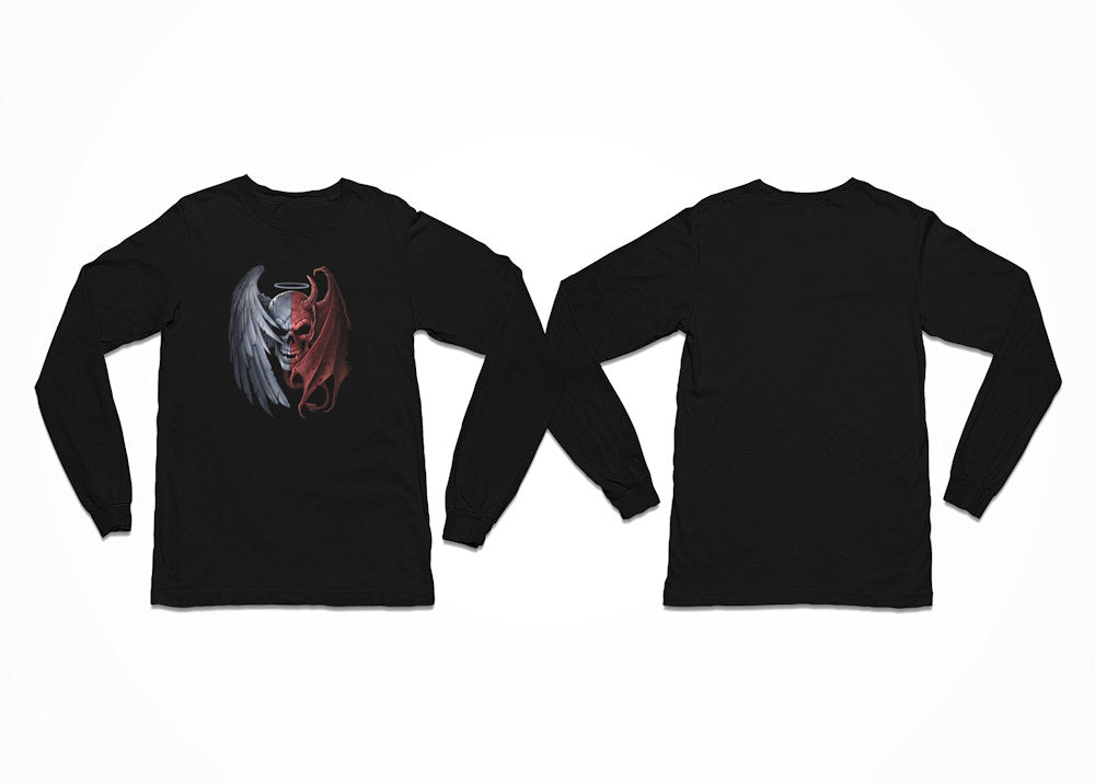 A Winged Skull with both a Devil horn and Angel's halo is on the front of this Longsleeve Black T-Shirt - Heaven & Hell Skulls T-Shirt - Front Print