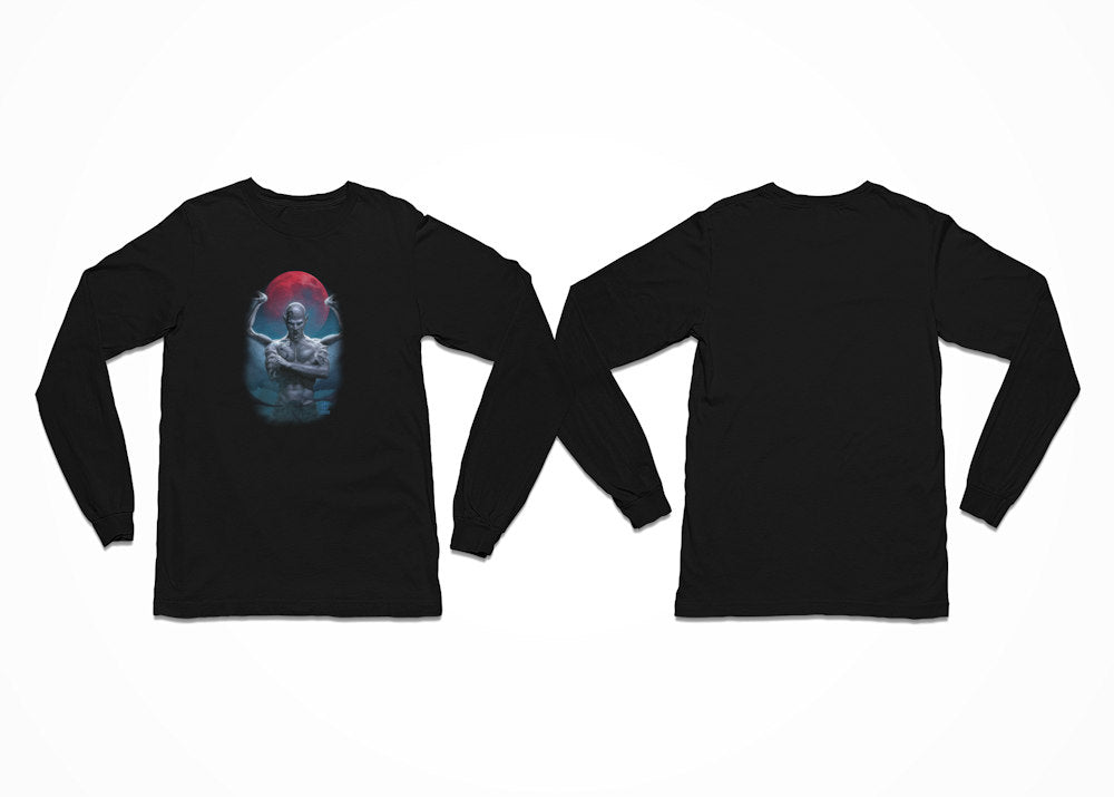 A winged Vampire rises in front of a blood red moon on this t-shirt titled Blood Moon Vampire T-Shirt - Longsleeve Black - Front Print