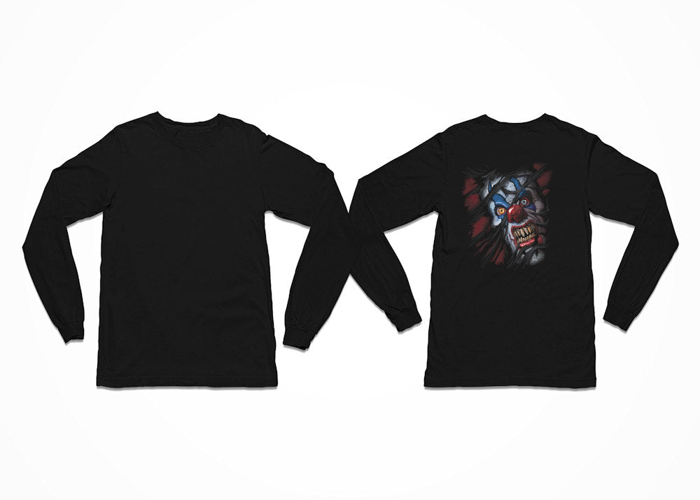 Scary clown appearing to rip through the fabric of your long sleeved t-shirt - Breakthrough Clown T-Shirt - Longsleeve with Back Print