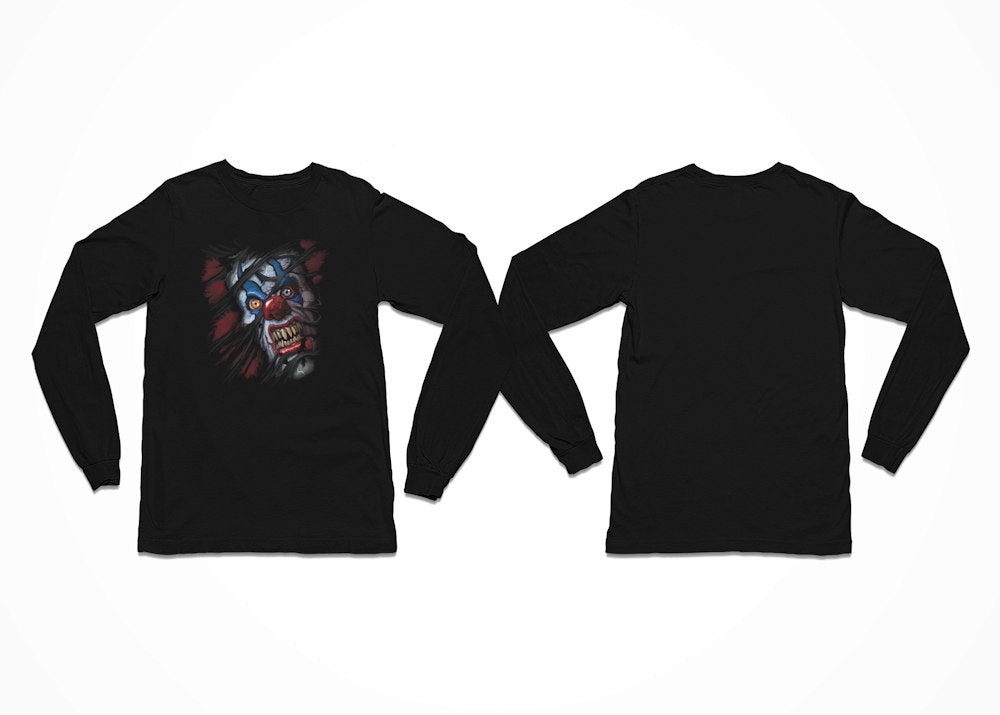 Scary clown appearing to rip through the fabric of your long sleeved t-shirt - Breakthrough Clown T-Shirt - Longsleeve with Front Print