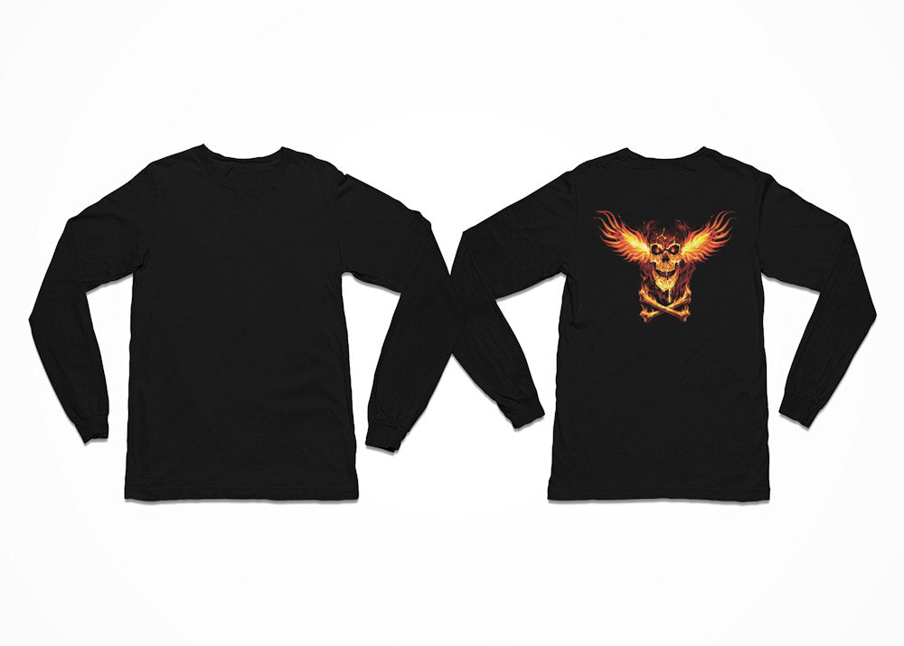 Our Skull Fire Wings design is a blazing skull with fiery wings spreads across the chest, glowing in intense orange and red flames. Beneath it, crossed bones burn with the same heat, creating a bold, infernal look. Lognsleeve T-Shirt with Back Print.