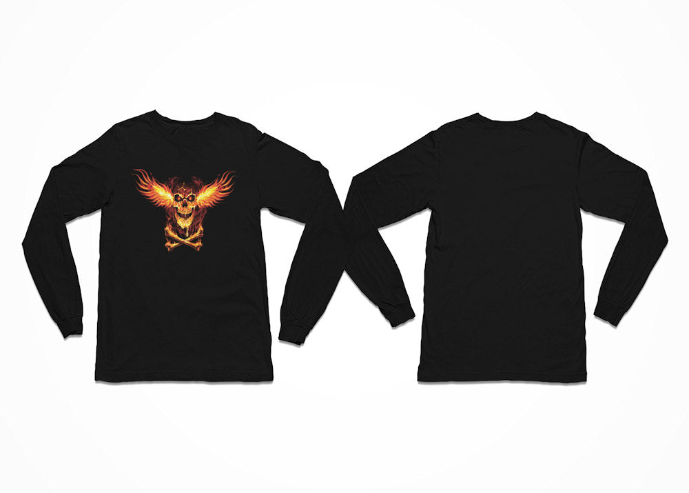 Our Skull Fire Wings design is a blazing skull with fiery wings spreads across the chest, glowing in intense orange and red flames. Beneath it, crossed bones burn with the same heat, creating a bold, infernal look. Lognsleeve T-Shirt with Front Print.