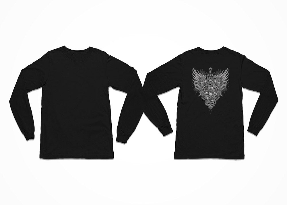 A sword pieces through angry skulls with a winged background in this design - Sword Skull Wings T-Shirt - Longsleeve with Back Print