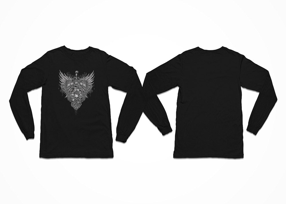 A sword pieces through angry skulls with a winged background in this design - Sword Skull Wings T-Shirt - Longsleeve with Front Print