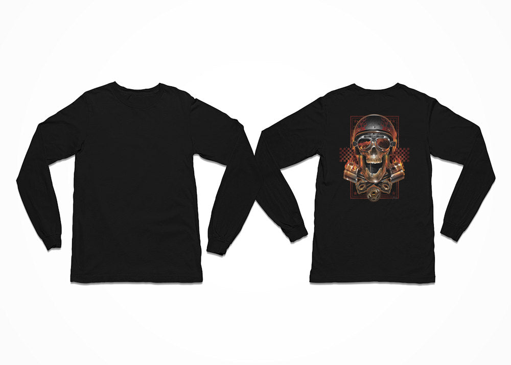 Black t-shirt with a skull and crossbones biker style design - Longsleeve with Back Print