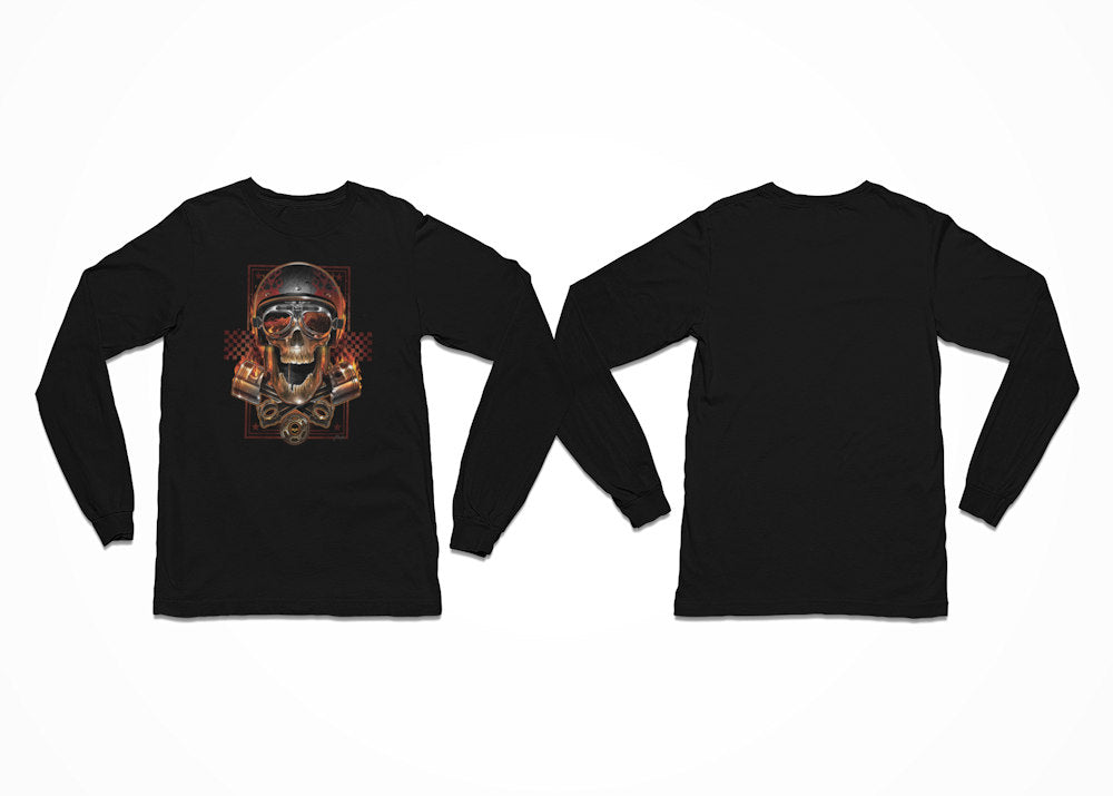 Black t-shirt with a skull and crossbones biker style design - Longsleeve with Front Print