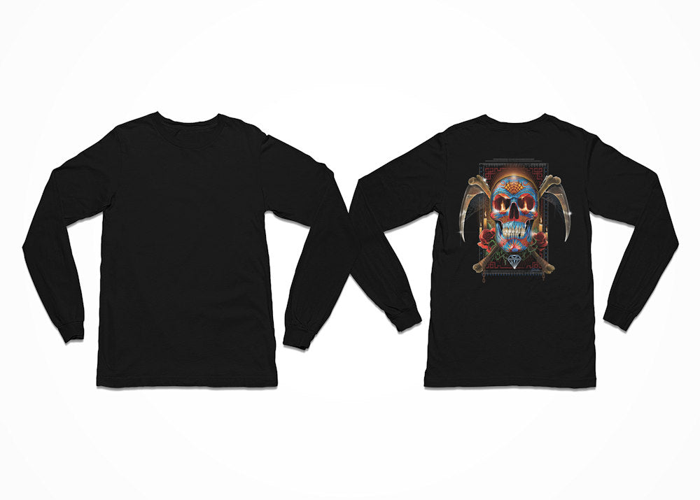 A Sugar Skull for Day of the Dead sneers with fire in it's eyes and crossed scythes behind it on this Longsleeve T-Shirt - Sugar Skull Day of the Dead T-Shirt - Back Print
