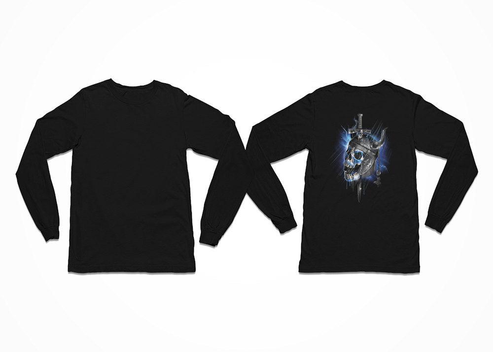 Black long sleeved t-shirt with a skull and sword design - Viking Northman Skull Longsleeve with Back Print