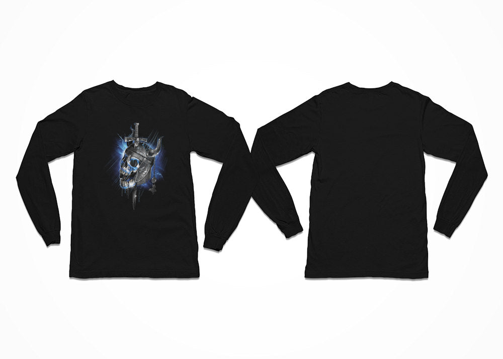 Black long sleeved t-shirt with a skull and sword design - Viking Northman Skull Longsleeve with Front Print