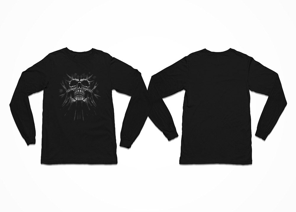 A grey skull with an organic root-like structure coming out of it - printed on a Longsleeve black t-shirt - Front Print