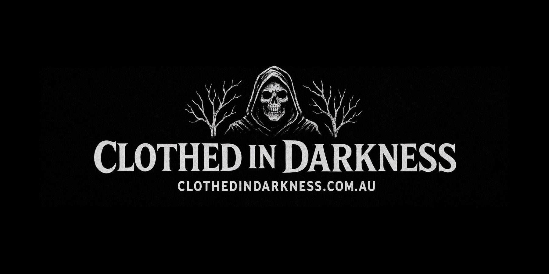 Logo of 'Clothed in Darkness' with a hooded figure on a black background